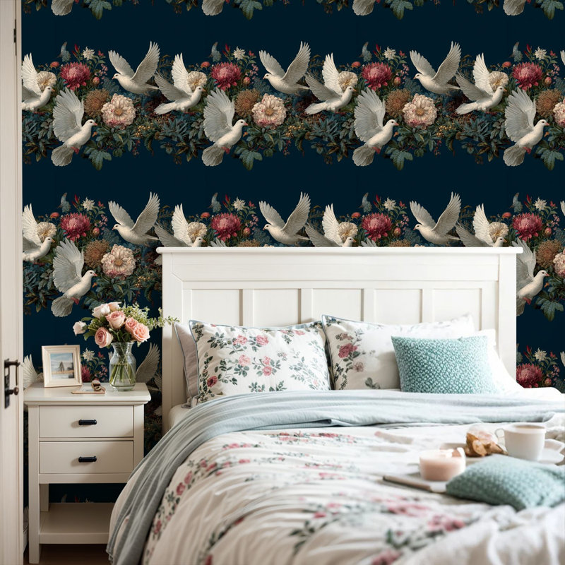 Peler et coller le papier peint colombes blanches au milieu d'un jardin floral, oiseaux noirs, papier contact, adhésif amovible, décoration murale pour armoires de cuisine de chambre à coucher, 24 po x 118 po