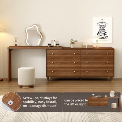 Makeup Vanity Desk with Mirror and Lights, 60-100 inch Extendable Mid Century Walnut Makeup Dresser Combo with 55 Inch 6 Drawer Dresser and L Shaped Vanity Desk, Without Stool, Brown