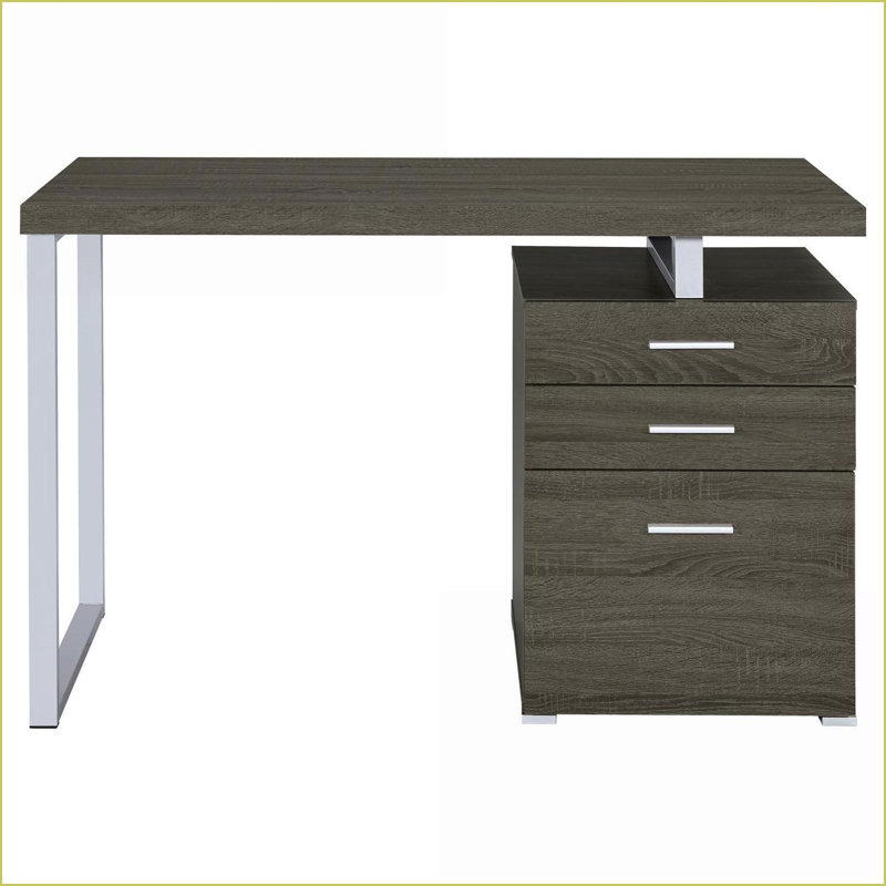 Bureau moderne réversible à 3 tiroirs avec classeur gris patiné | Bois d'ingénierie | Pieds en métal