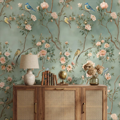 Muted Green Wallpaper Classic Removable Floral Wall Double Roll