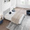 Lit plateforme simple tapissier avec tête de lit capitonnée en lin, lattes en bois, sans sommier, assemblage facile et moderne, gris