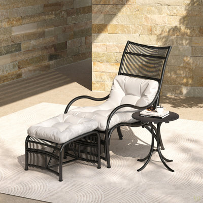 3 Pieces Wicker Outdoor Patio Furniture Set With Lounge Chair, Balcony Chairs Table Set With Cushions, Ottoman, Patio Conversation Sets For Garden ,Deck,And Porch