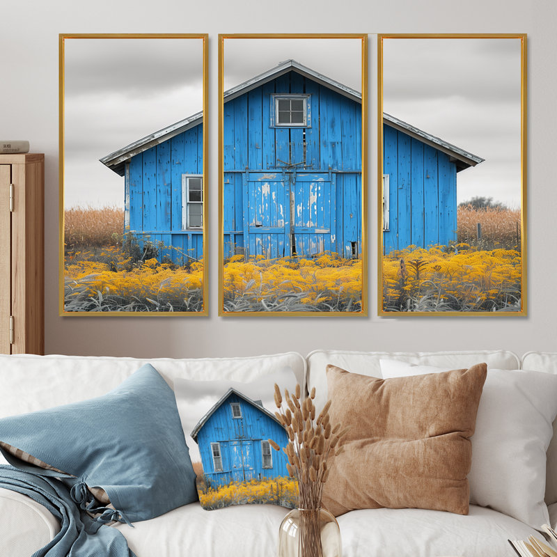 Ensemble de salon art mural grange d'automne bleu gris, Cadre flottant doré, H 40 po x l 60 po x P 1 po