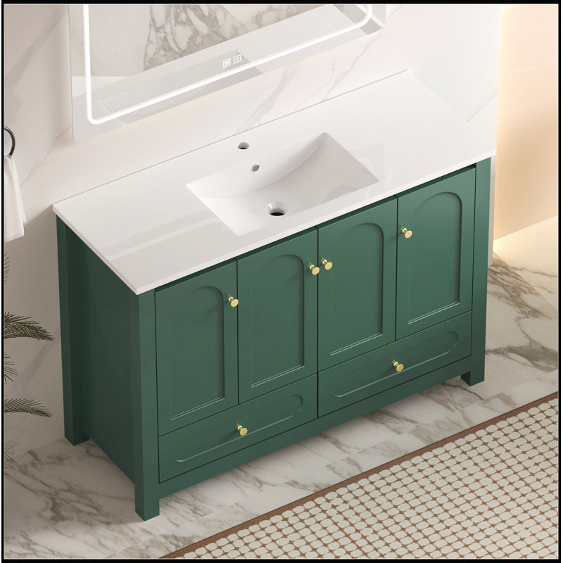 Meuble-lavabo vert 48 po avec lavabo en résine, rangement abondant, portes et tiroirs à fermeture en douceur, Vert