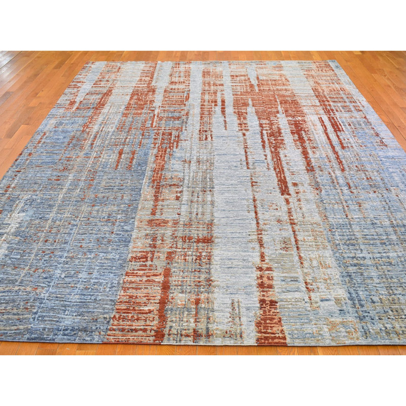 Tapis en laine et soie tissés à la main de conception abstraite à poils longs 9 pi x 12 pi 2 po 412F99821D7F4E8DBDE84FFC1C05A4D