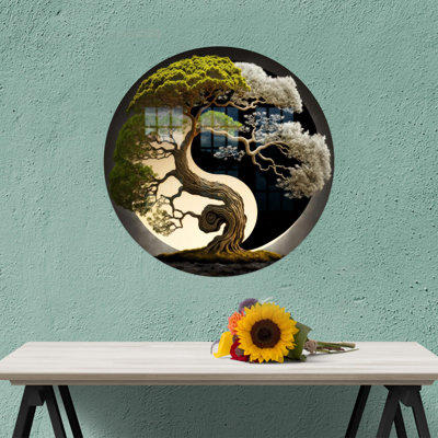 Yin Yang Japanese Tree Wall Art In Glass For Modern Home And Bedroom Decor With Living Room Accent