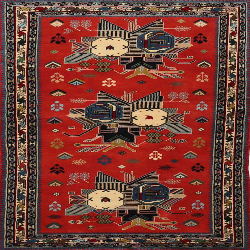 Tapis rouge/brun/violet traditionnel, Carré 4 pi