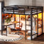 Lit mezzanine double avec tablettes de rangement et bureau, lit mezzanine en métal avec ports USB, lumières et tringle de suspension-129123792