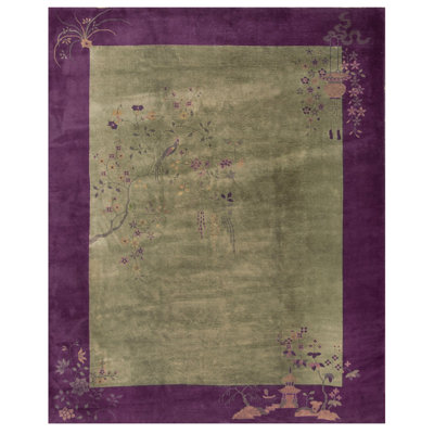 Antique Art Deco Room Size Wool Olive, Purple Rug