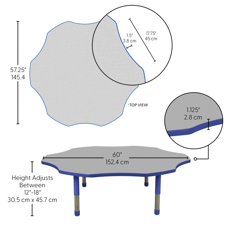 Table d'activité Flower T-Mould avec pieds minuscules réglables, Gris, Bleu