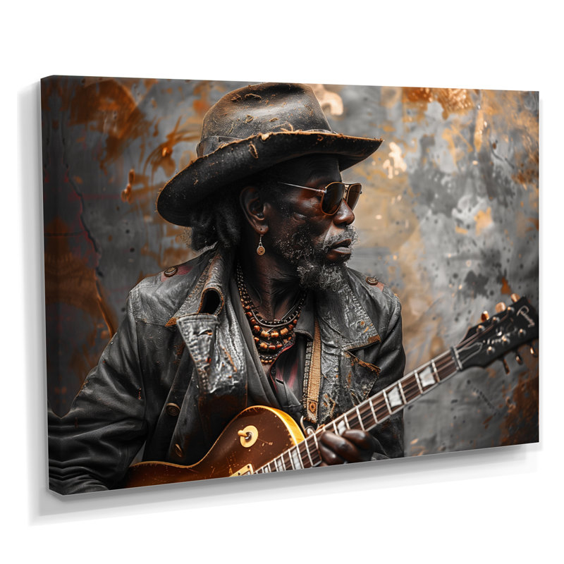 «Gray Gold Guitare, musique, gourou - musique, art mural salon, Toile tendue, H 34 po x l 44 po