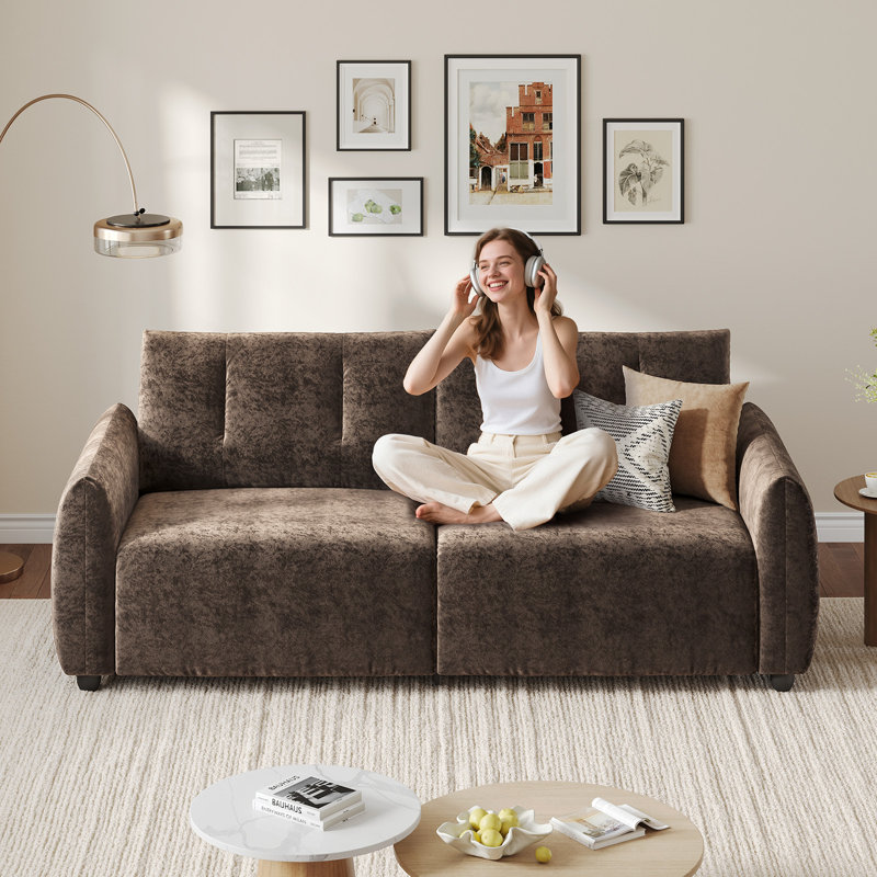 84.5" Loveseat Sofa with Tufted Feather Armrests, Sturdy Modern Couch for Living Room & Apartment, Dark Brown