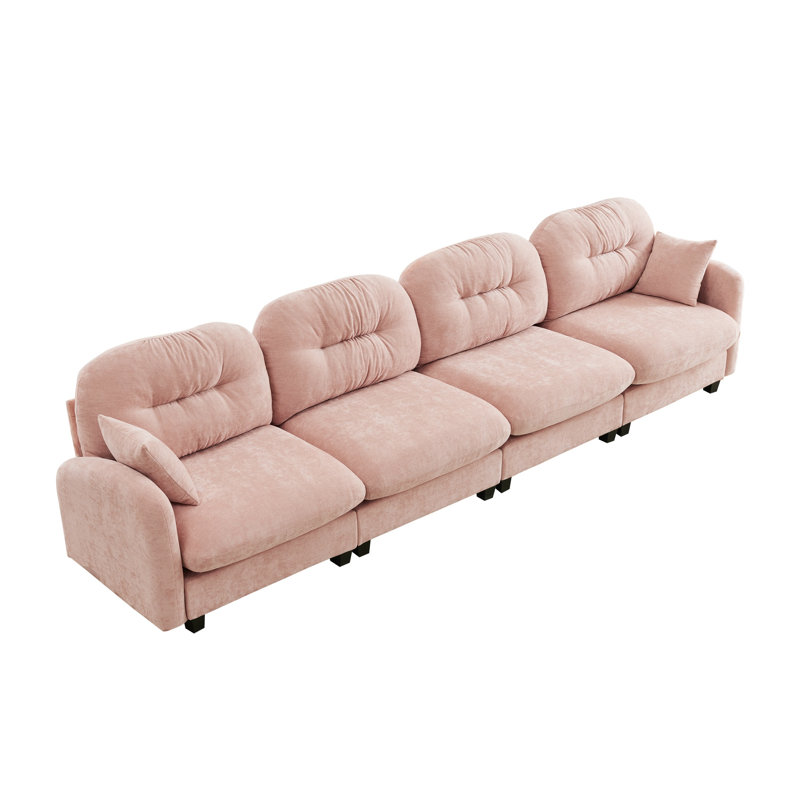 Canapé modulaire 4 places, canapé en chenille capitonné avec coussins décoratifs 4 places, Chenille rose