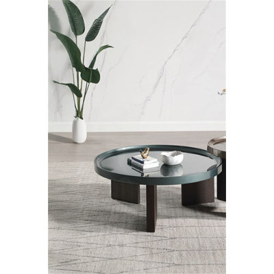 Table basse vert noirâtre et chêne fumé avec finition ultrabrillante et noyau en panneau de fibres à densité moyenne durable pour les intérieurs modernes