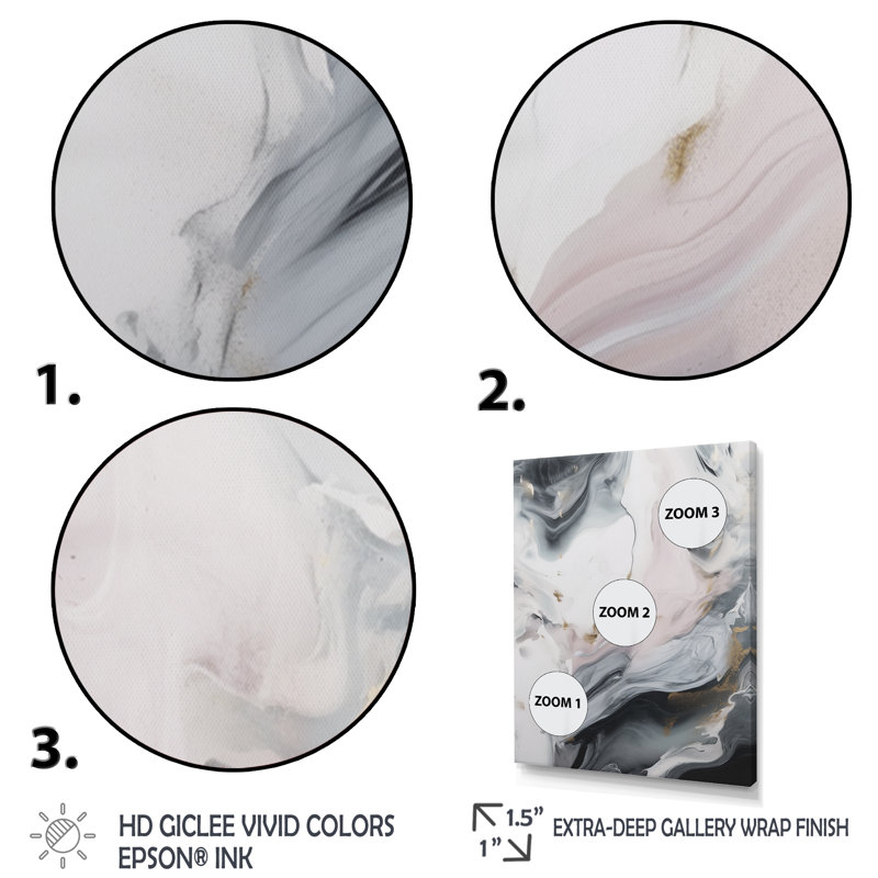 Marbre blanc et gris captivant I - reproductions d'art abstrait en marbre, H 20 po x l 12 po x P 1 po, Encadrement doré