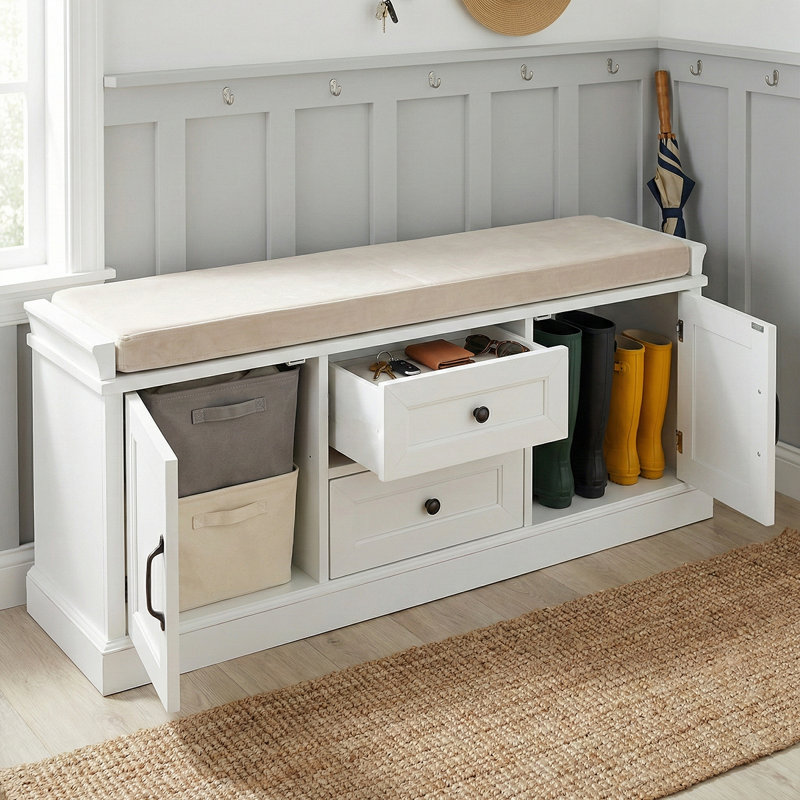 Living Room Shoe Bench With Hidden Storage - 2 Cabinets, Removable Cushion, Retro Aluminum Handles, White