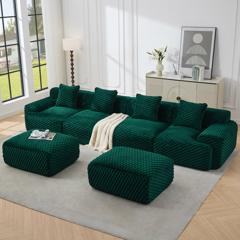 Canapé modulaire moderne en velours côtelé avec repose-pieds, aucun assemblage requis, modulaire pour le salon, Vert