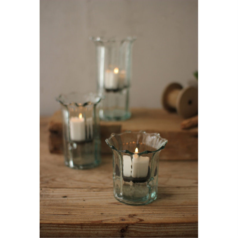  Handblown Recycled Glass Ribbed Votive Candle Holders – 7" Tall Set of 3