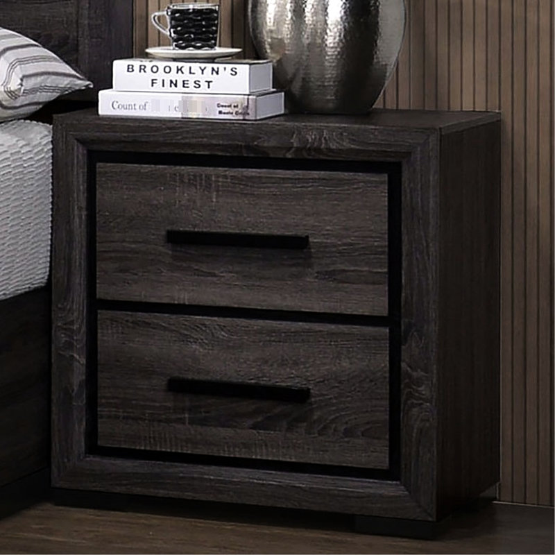 Armoire de chevet moderne grise, conception bicolore et bordure noire, table de chevet 2 pour chambre à coucher, garniture, 2 tiroirs, configuration simple
