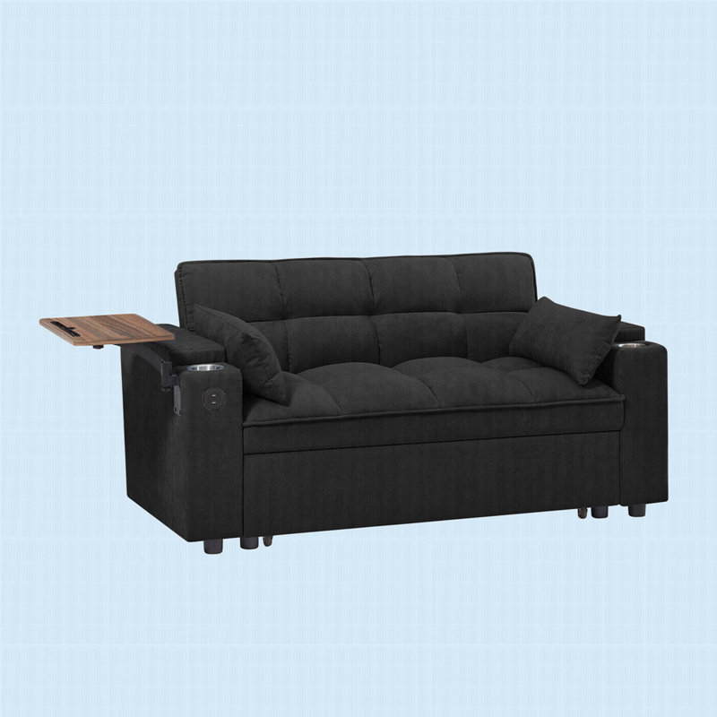Canapé-lit en chenille avec accoudoirs avec rangement, port USB et table d'appoint, Noir