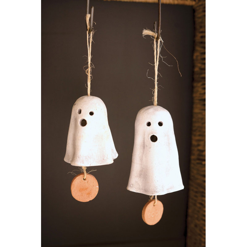Ensemble de 2 carillons fantômes suspendus Kalalou 4,5 po - Argile et sisal faits à la main, H 6 po x l 10 po x P 10 po