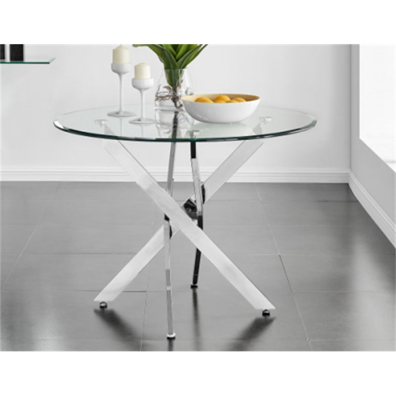Le plateau de table circulaire moderne en verre trempé est jumelé à un cadre en fer argenté, Clear/Silver
