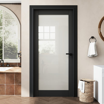 36" x 80" 1-Lite Black Prebuilt Frosted Glass Interior Door Slab, as Prehung Door or Barn Door or Pocket Door or French Door or Sliding Door Slab for Pantry, Laundry, Bedroom, Soundproof & Waterproof, Door Panel w/o Borehole or Hinges