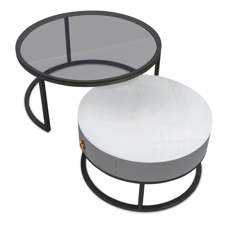 Kitara Round Nesting Coffee Table Set, Storage Drawer Accent Living Room Tables