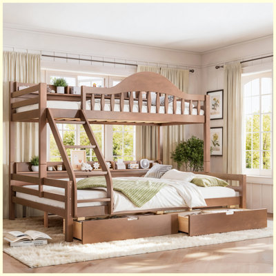 Lit superposé grand lit en bois massif avec tablettes de rangement à 3 niveaux et tiroirs de rangement et garde-corps et échelle en bois naturel