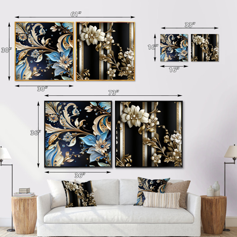 Kingsley - Ensemble de 2 collages carrés botaniques abstraits, Cadre flottant noir, H 16 po x l 33 po