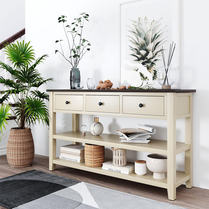Console rétro avec deux tablettes ouvertes, structure en bois de pin massif et pieds pour le salon (espresso et beige), Beige
