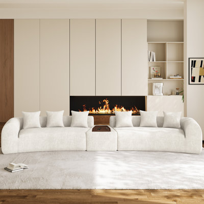 Boneless 177" Chenille Curved Sectional Sofa Oversized Compression Couch With USB Charging Coffee Table