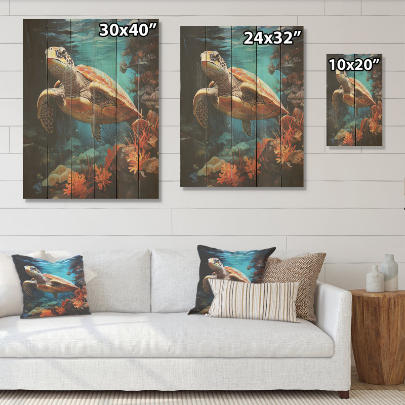 Tortue sous-marine surréelle, art mural sur bois de pin naturel, H 40 po x l 30 po