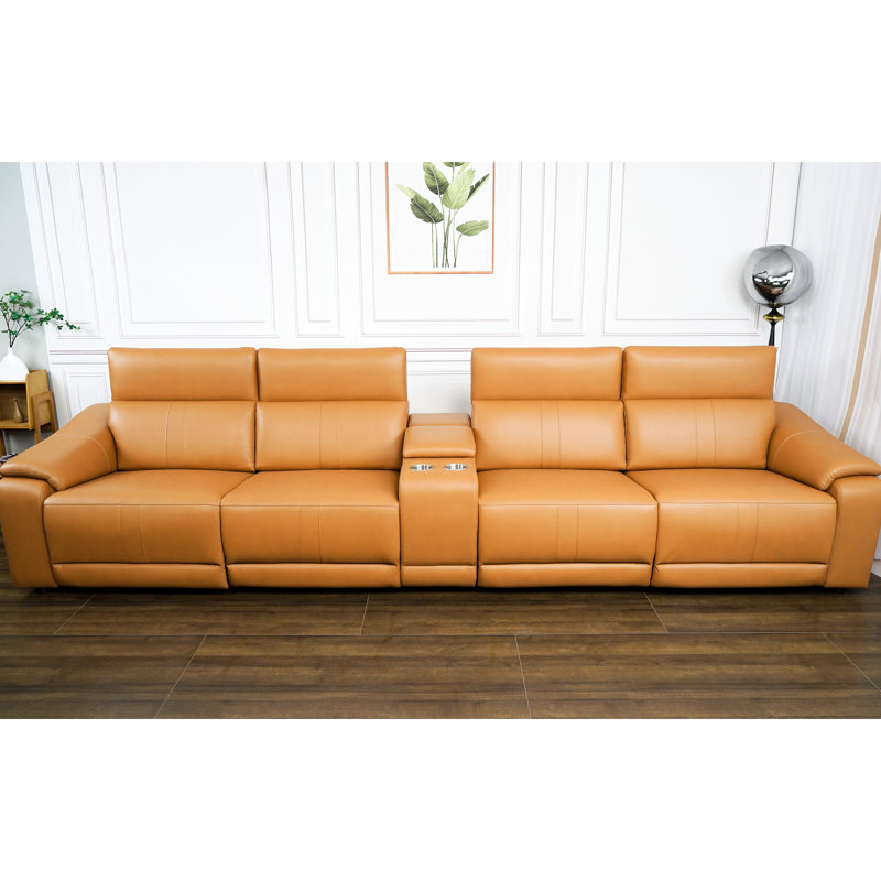 Canapé d'angle 5 pièces en cuir orange avec fonction relax électrique et rangement intégré, confortable pour le salon, design minimaliste moderne, rembourrage en coton technique