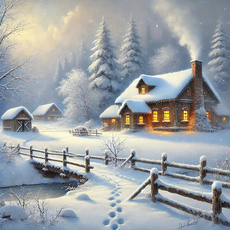 «Cozy Winter Retreat: Illuminated Cottage», impression sur toile, H 40 po x l 40 po x P 1,5 po