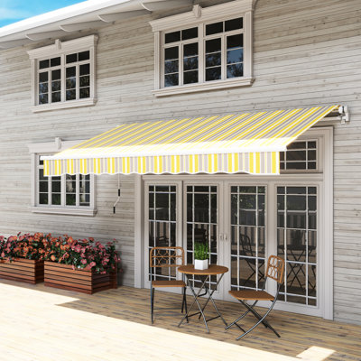 Auvent de terrasse rétractable 12 pi x 10 pi. Manivelle manuelle. 280G / M² et tissu d'eau. Cadre en aluminium. Abri soleil auvent jaune et gris. Manivelle, cadre pour terrasse, balcon, cour.