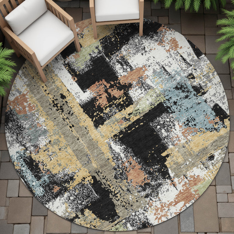 Machine Washable Indoor/Outdoor Husby ACN2212 Abstract Rug, Round 8'
