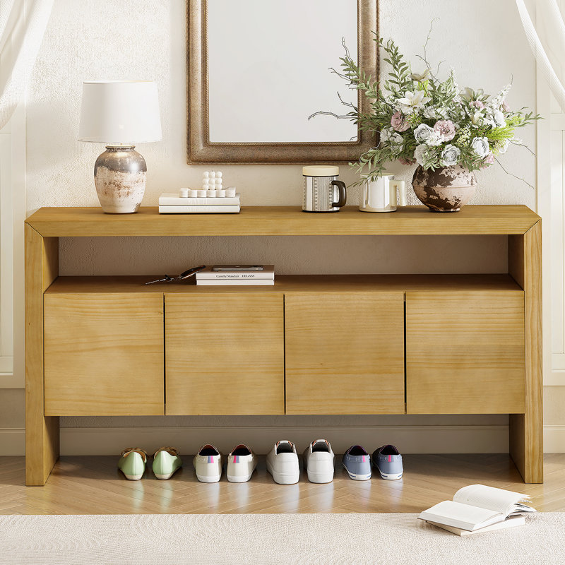 Buffet 60 po à 4 portes, placage en bois massif minimaliste moderne avec tablette ouverte, grain de bois naturel, console de rangement de grande capacité pour le salon, le couloir, la salle à manger (noir / naturel)