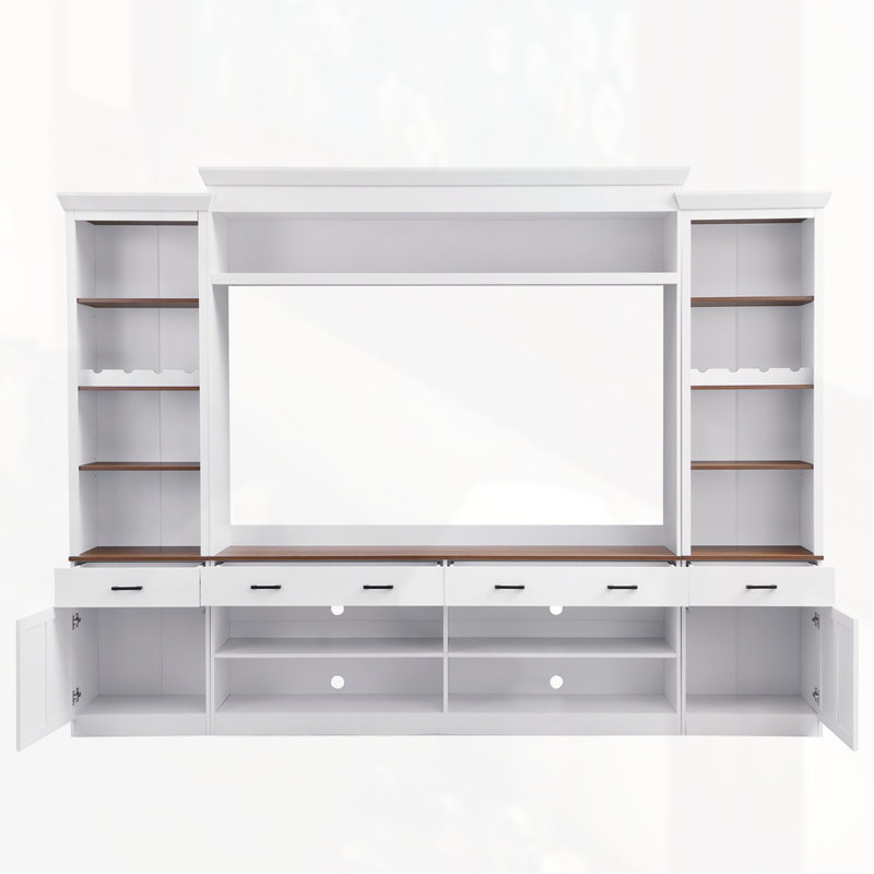 Farmhouse Entertainment Wall Unit Set With Bookshelf For Tvs Up To 70", White/Dark Walnut