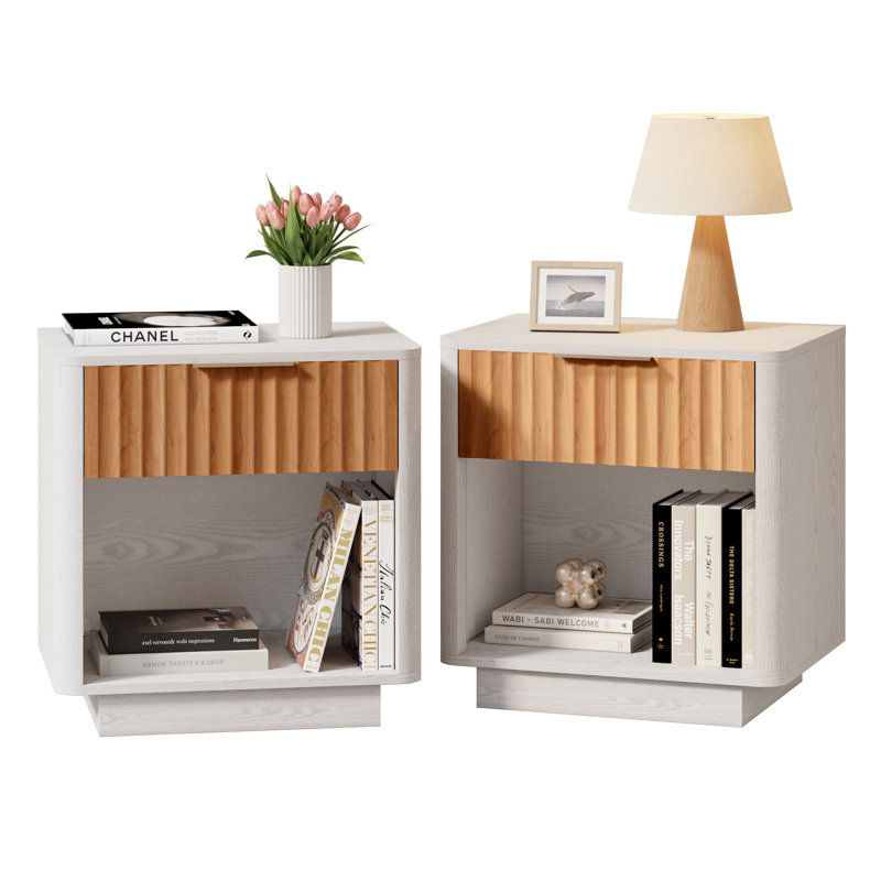 21.6"W Fluted Wooden Nightstand, Set of 2, White/Oak