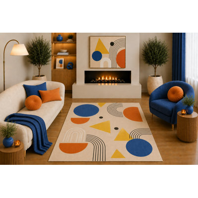 "Ultra léger" Tapis moderne patchwork 5 pi x 7 pi bleu marine, gris, crème, étoile nordique, motif géométrique pour salon, chambre à coucher, salle à manger, envers en silicone antidérapant