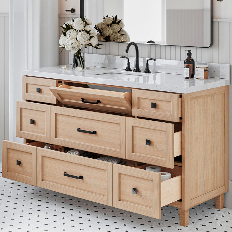 Meuble-lavabo simple 60 po en chêne massif ARIEL Monroe, Chêne, Carrara White Quartz, 60" - 61"