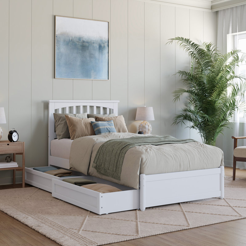 Asparas Solid Wood Storage Platform Bed with Footboard and Under Bed Drawers, White, Extra-Long Twin