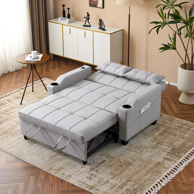 Upholstered Convertible Twin Size Loveseat Recliner Sleeper Couch Pull Out Sofa Sofa Bed For Small Spaces, Gray