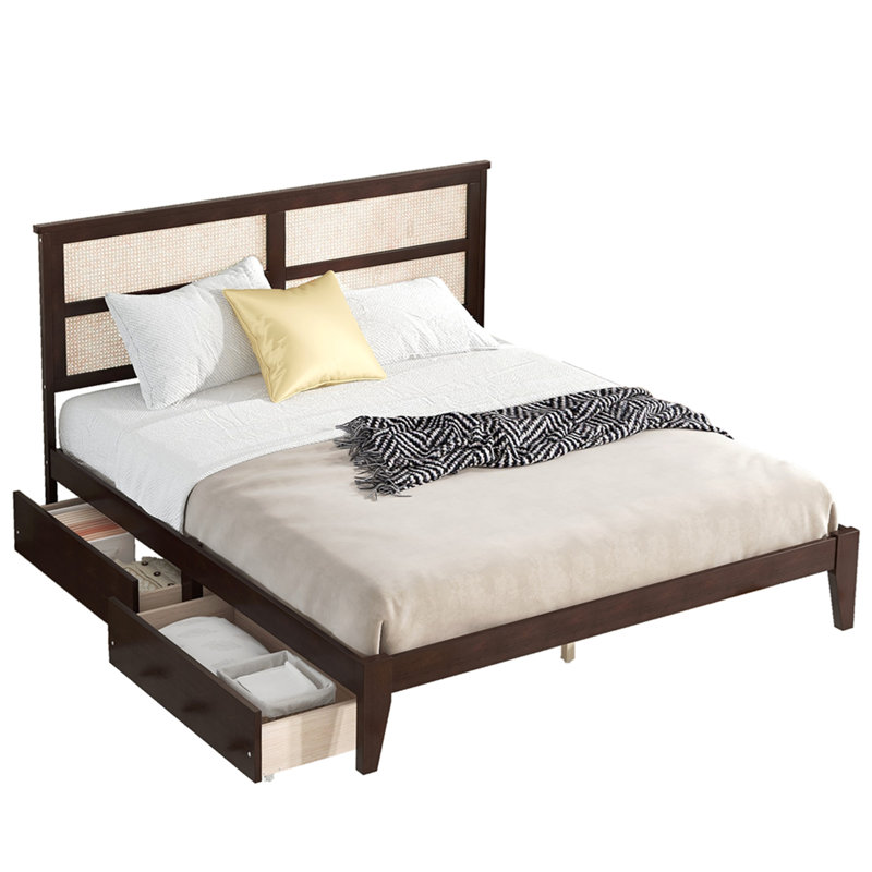 King Size Bed with Rattan Headboard, Two Storage Drawers, Rubber Wood Bed with Enhanced  Support Slats and Feet,Espresso