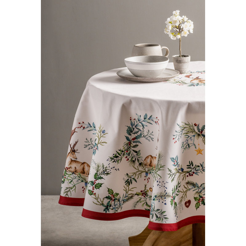 Floral 100% Cotton Round Christmas Tablecloth, 63" x 63"