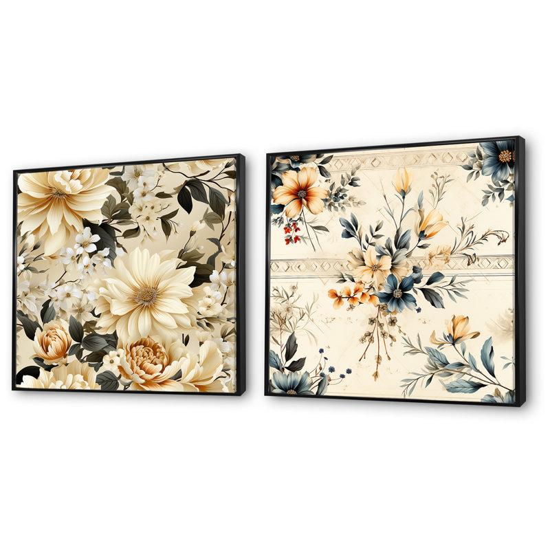 Vierzon - Ensemble de 2 impressions sur toile florales, Cadre noir, H 16 po x l 33 po x P 1 po