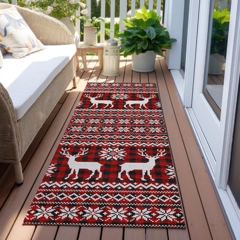 Machine Washable Indoor/Outdoor Christmas Reindeers Xhevrie Red Rug, Runner 2'3" x 7'6"
