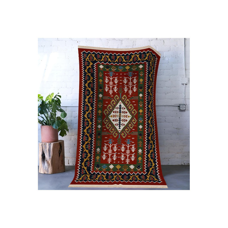 Tapis décoratif traditionnel rouge multicolore à motif rouge, Sous-tapis rectangulaire de 3 pi 3 po x 4 pi 11 po