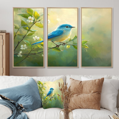Oiseau bleu au début du printemps - Art mural grand oiseau - 3 panneaux